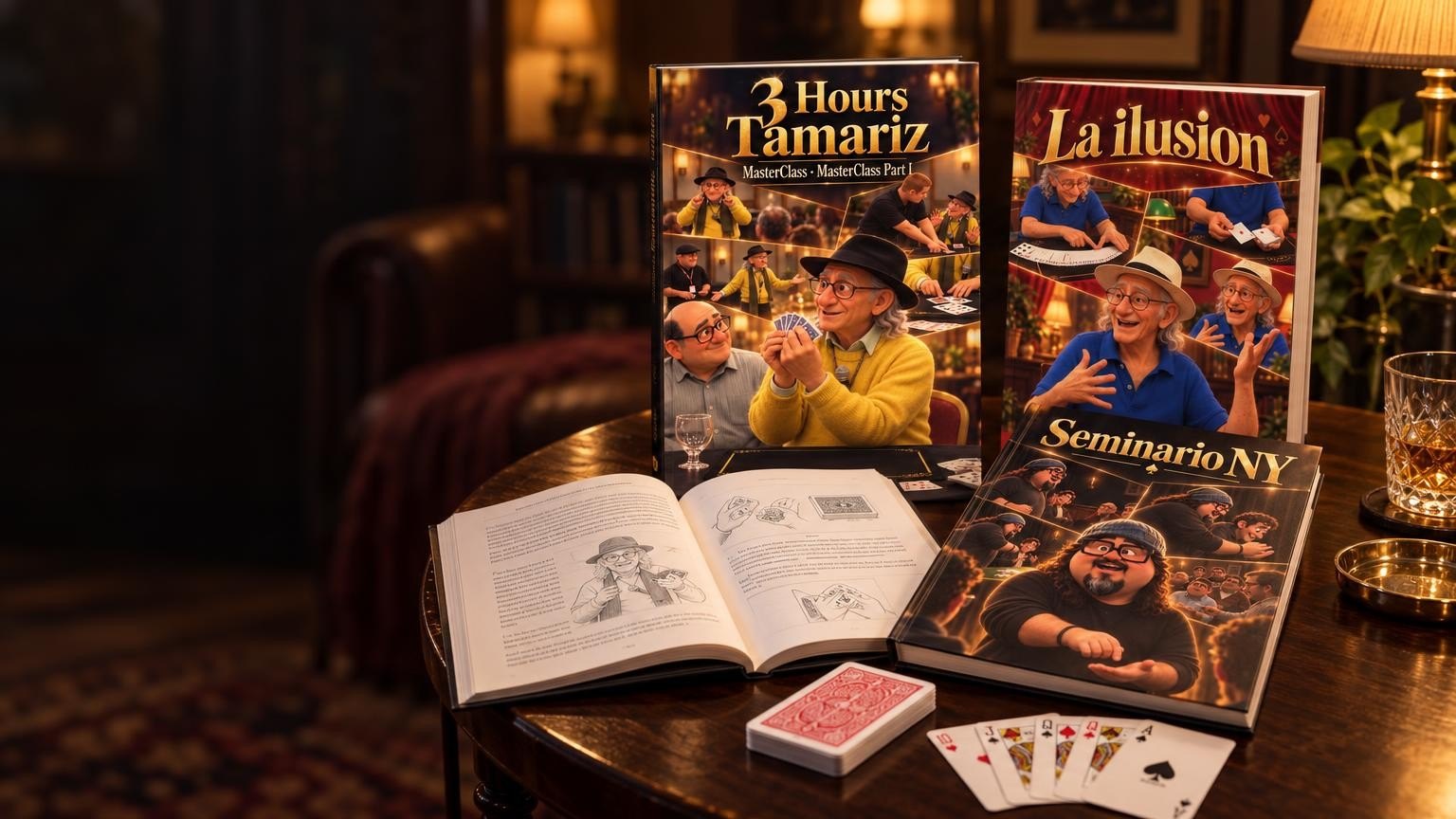 Printed PlayBooks on a side table, next to a deck of cards